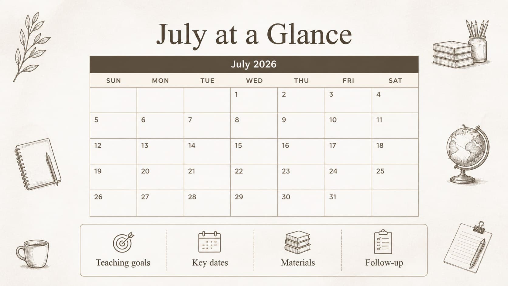 Monthly overview slide showing July 2026 teaching goals and key school dates in a hand-drawn planner layout.