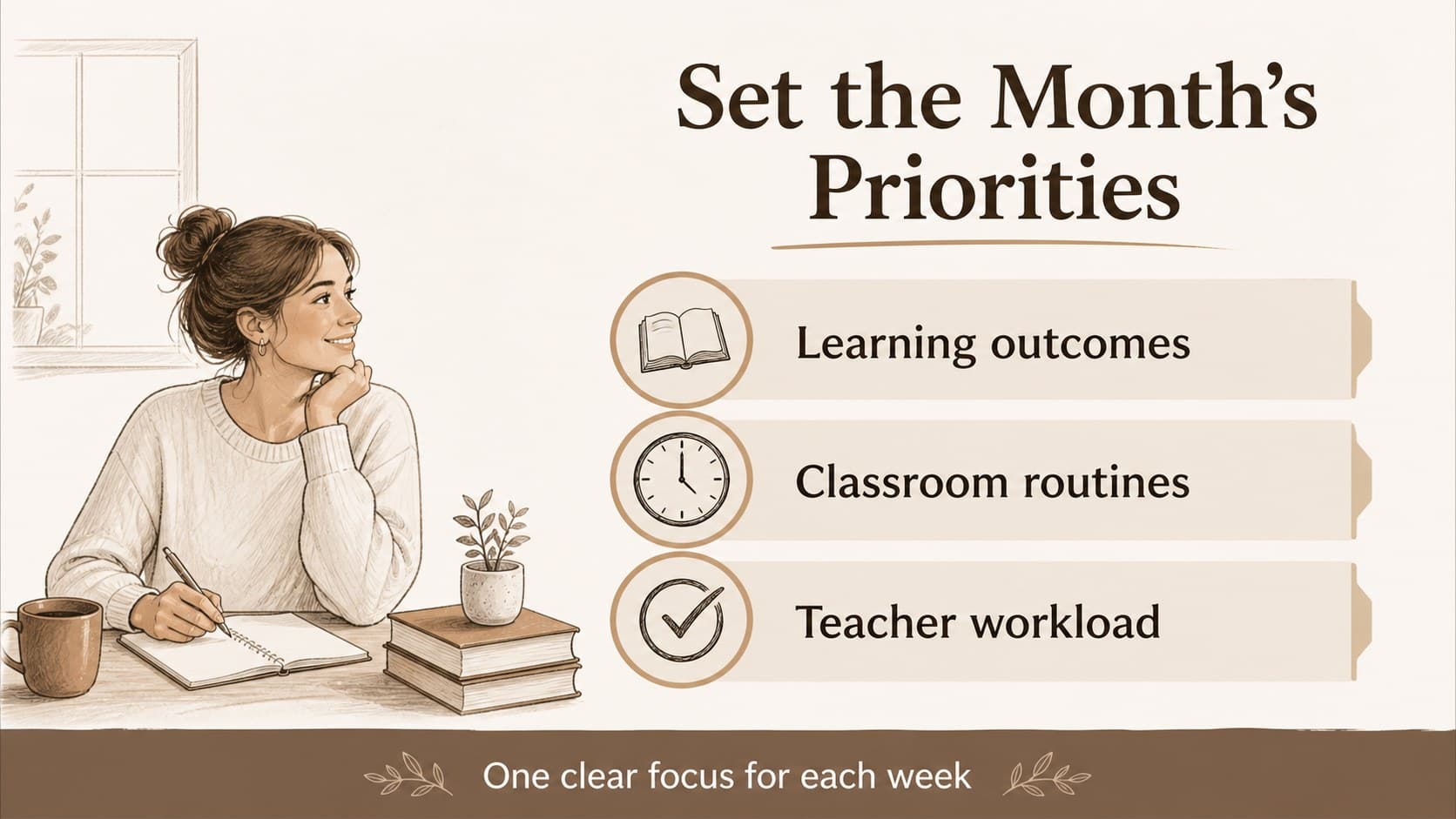 Planning slide with three July teaching priorities and simple hand-drawn visual markers.