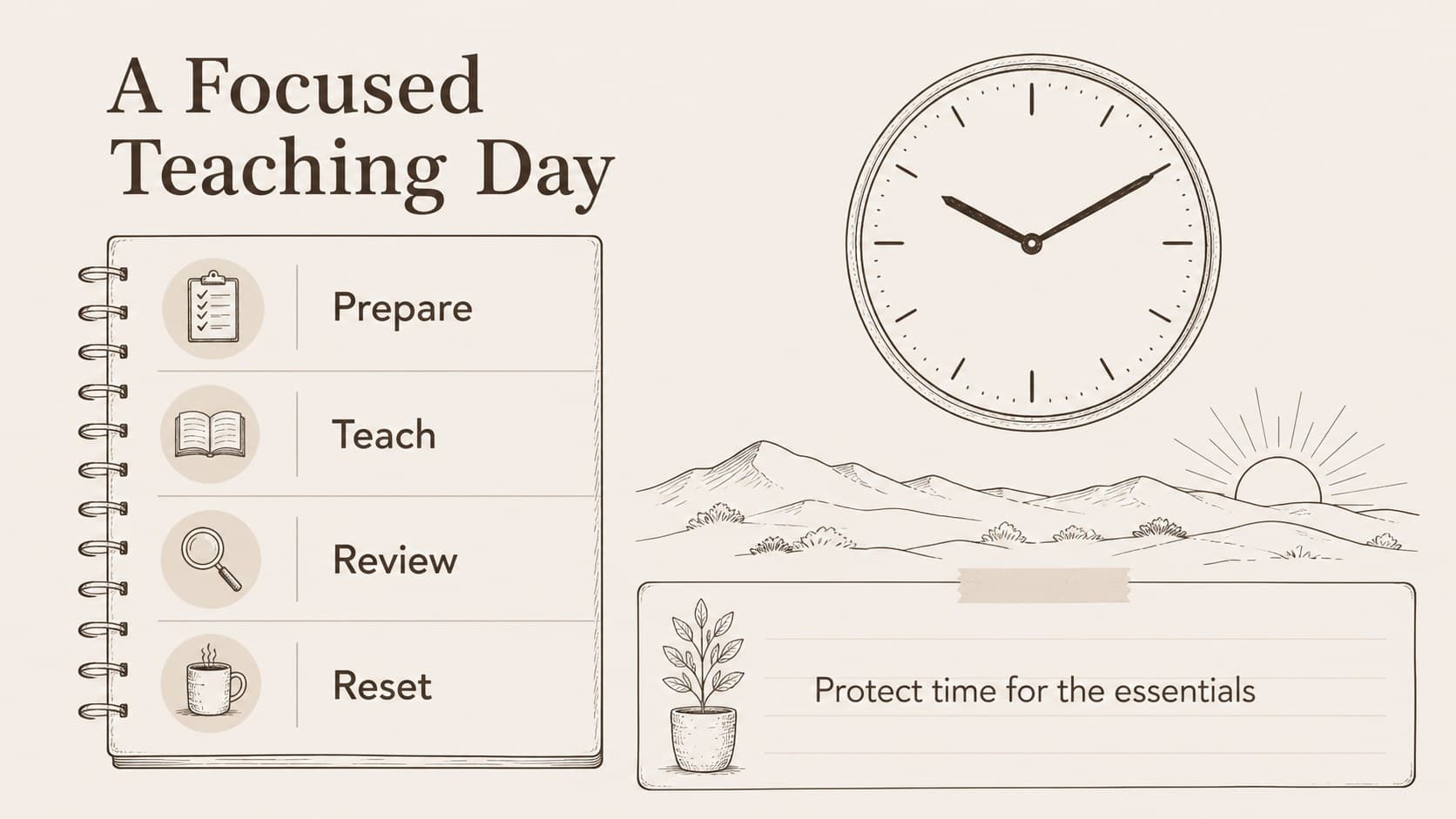Daily teaching routine slide with time blocks and a hand-drawn clock illustration.