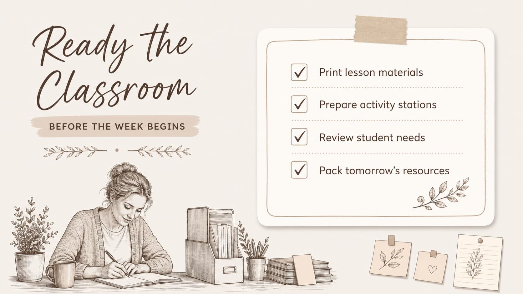 Class preparation checklist slide with editable task rows and brown hand-drawn accents.