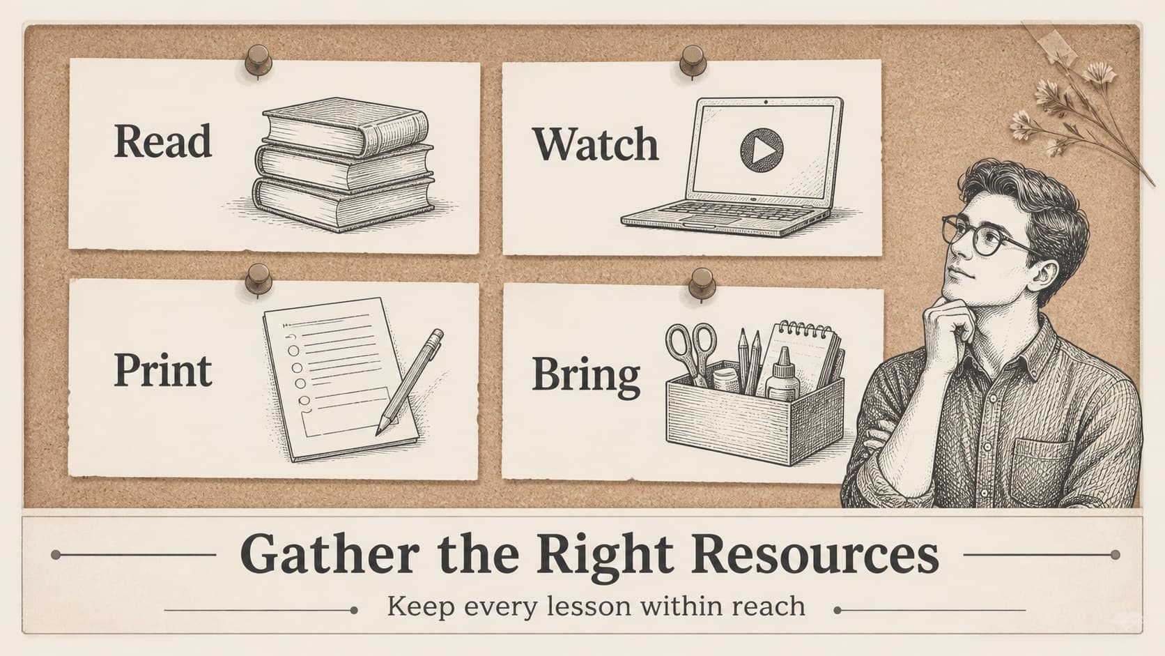 Lesson resource board organizing books, links, printouts, and classroom materials.