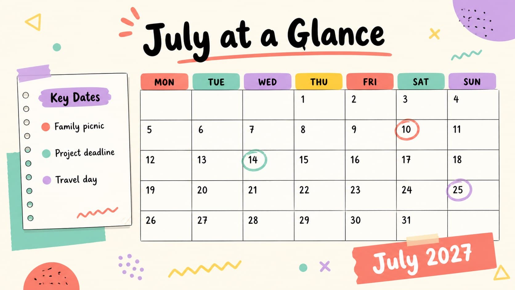 July 2027 monthly calendar grid with colorful date sections for holidays, appointments, and activities.