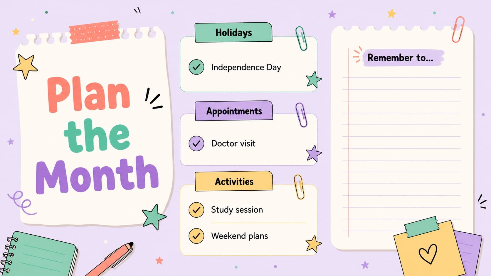 July 2027 holiday planning presentation slide with grouped events, colorful labels, and space for personal notes.