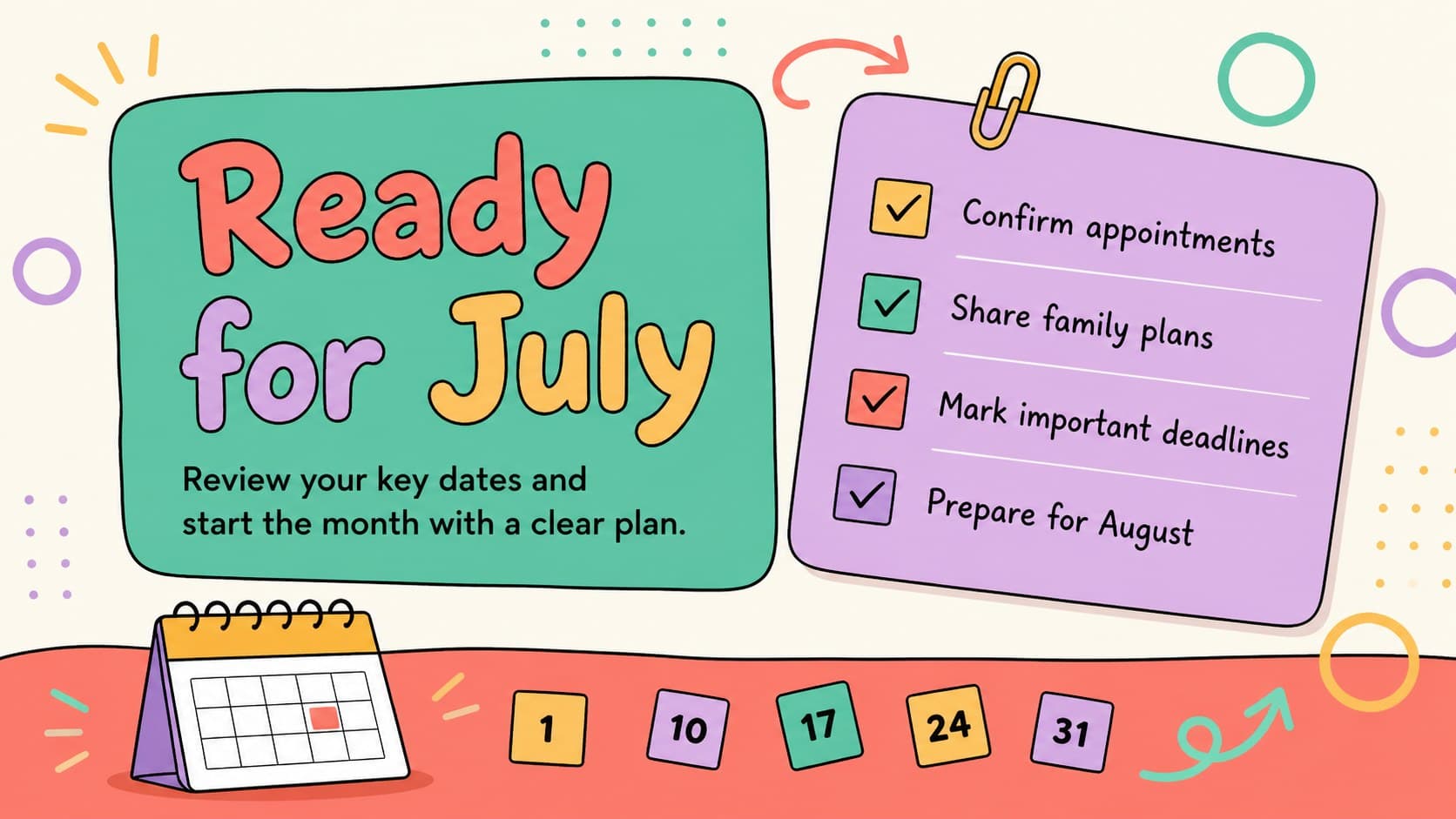 July 2027 calendar recap slide showing colorful weekly priorities and a concise end-of-month checklist.