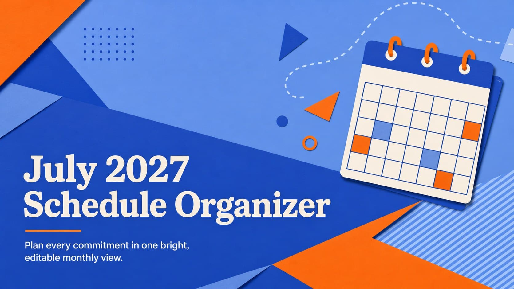 Cover of the July 2027 schedule organizer with bold blue and orange abstract calendar graphics.