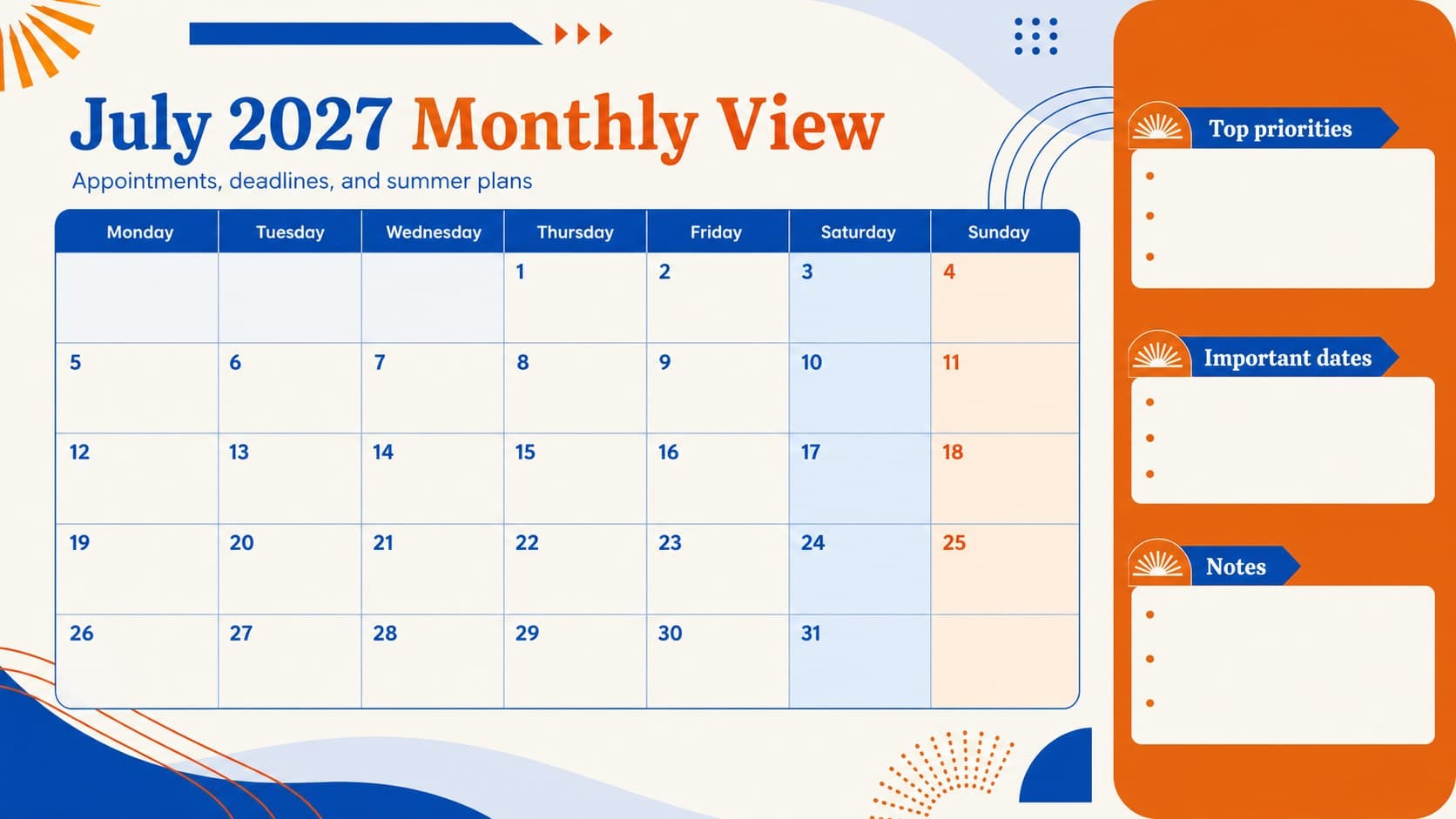 Editable July 2027 monthly calendar slide with spacious blue date cells and orange priority accents.