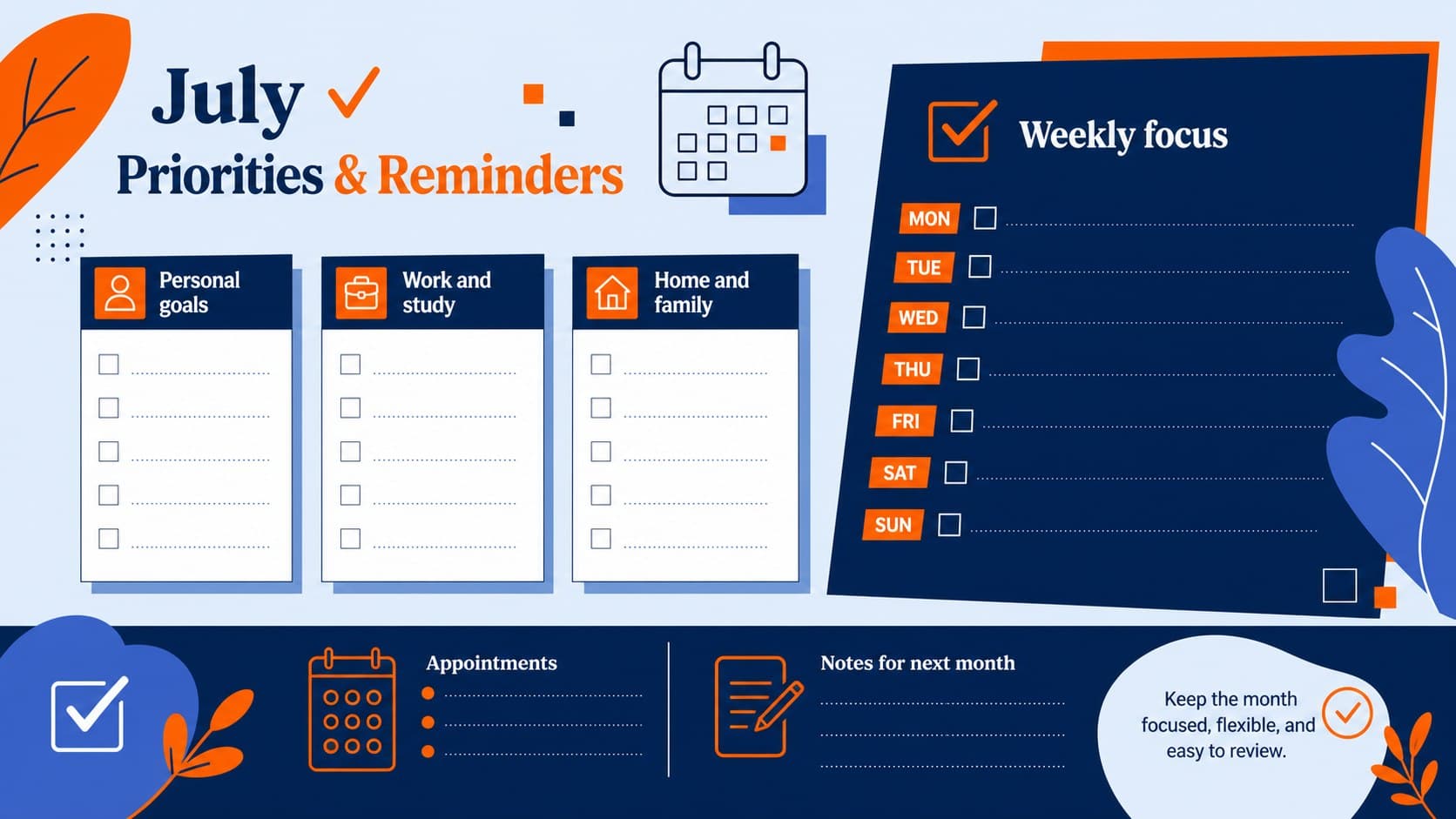 July 2027 priorities and reminders slide for personal schedule planning in PowerPoint and Google Slides.