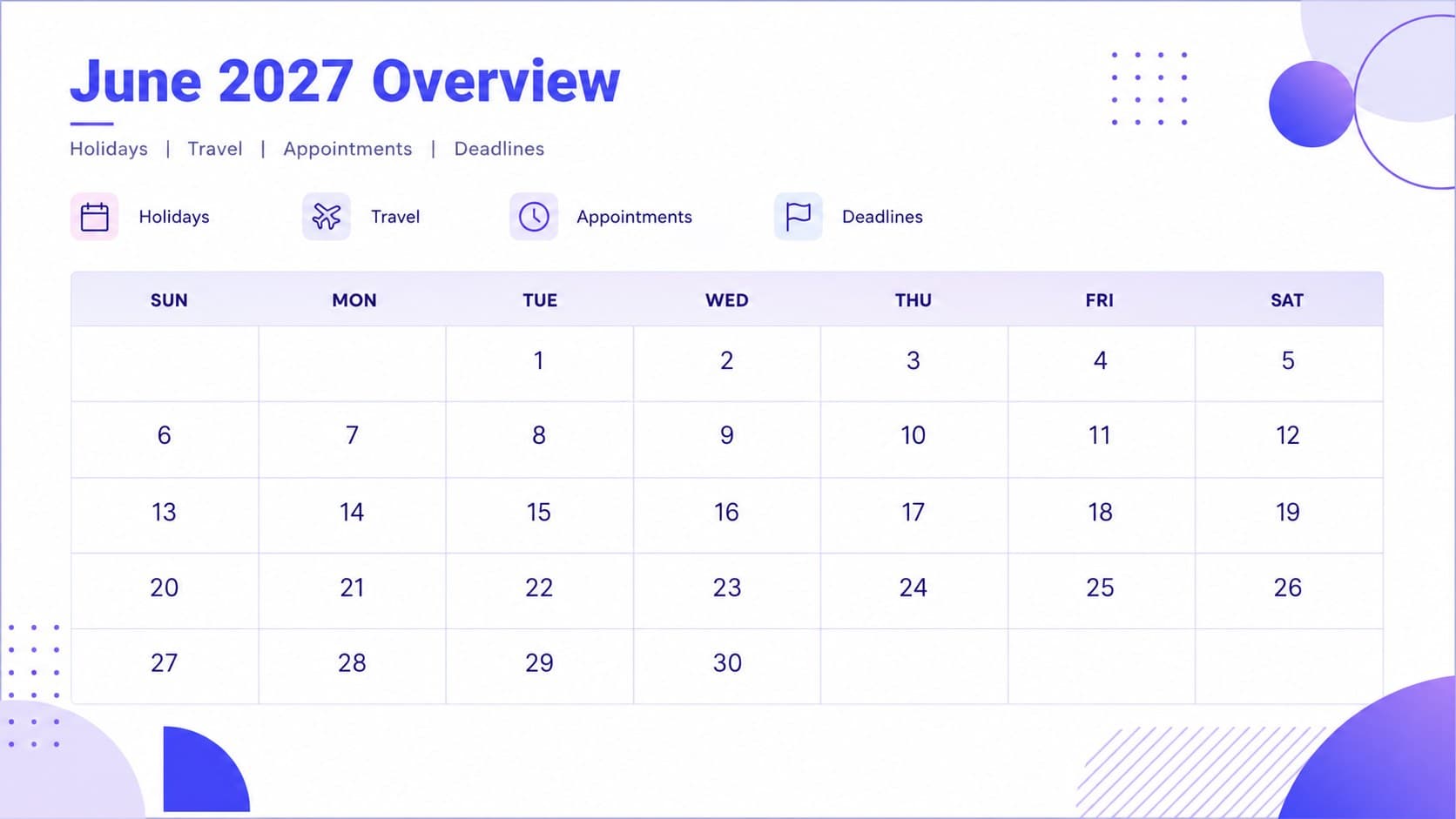 Editable June 2027 planner slide showing a spacious monthly calendar grid for events and deadlines.