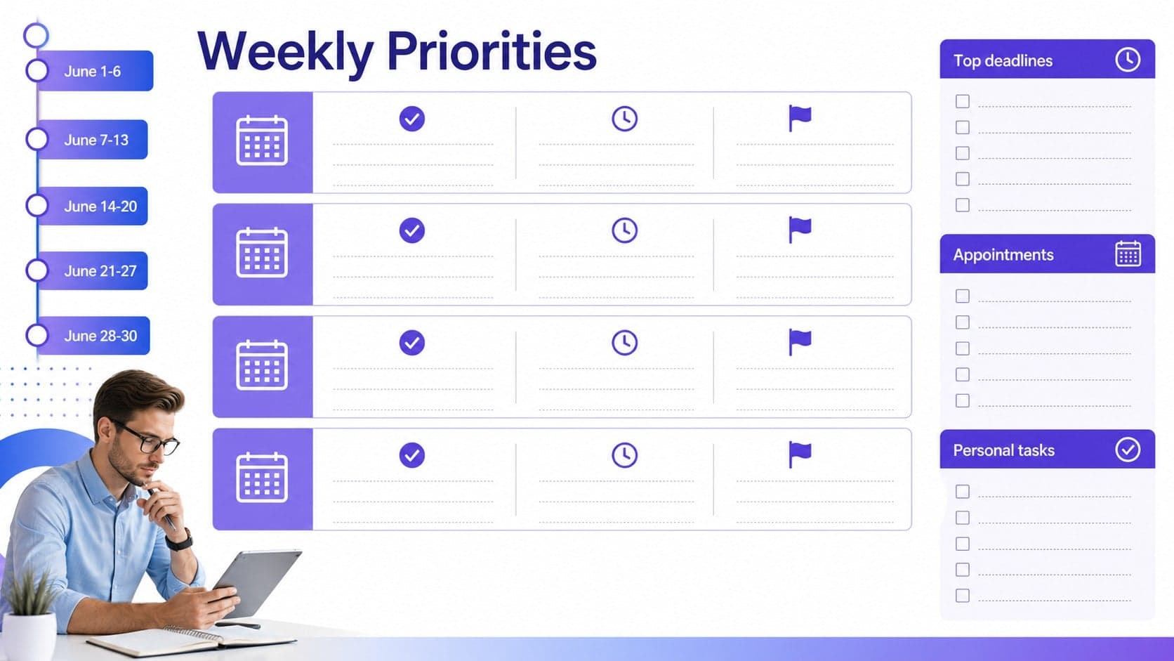June 2027 weekly priorities planner with sections for deadlines, appointments, and personal tasks.