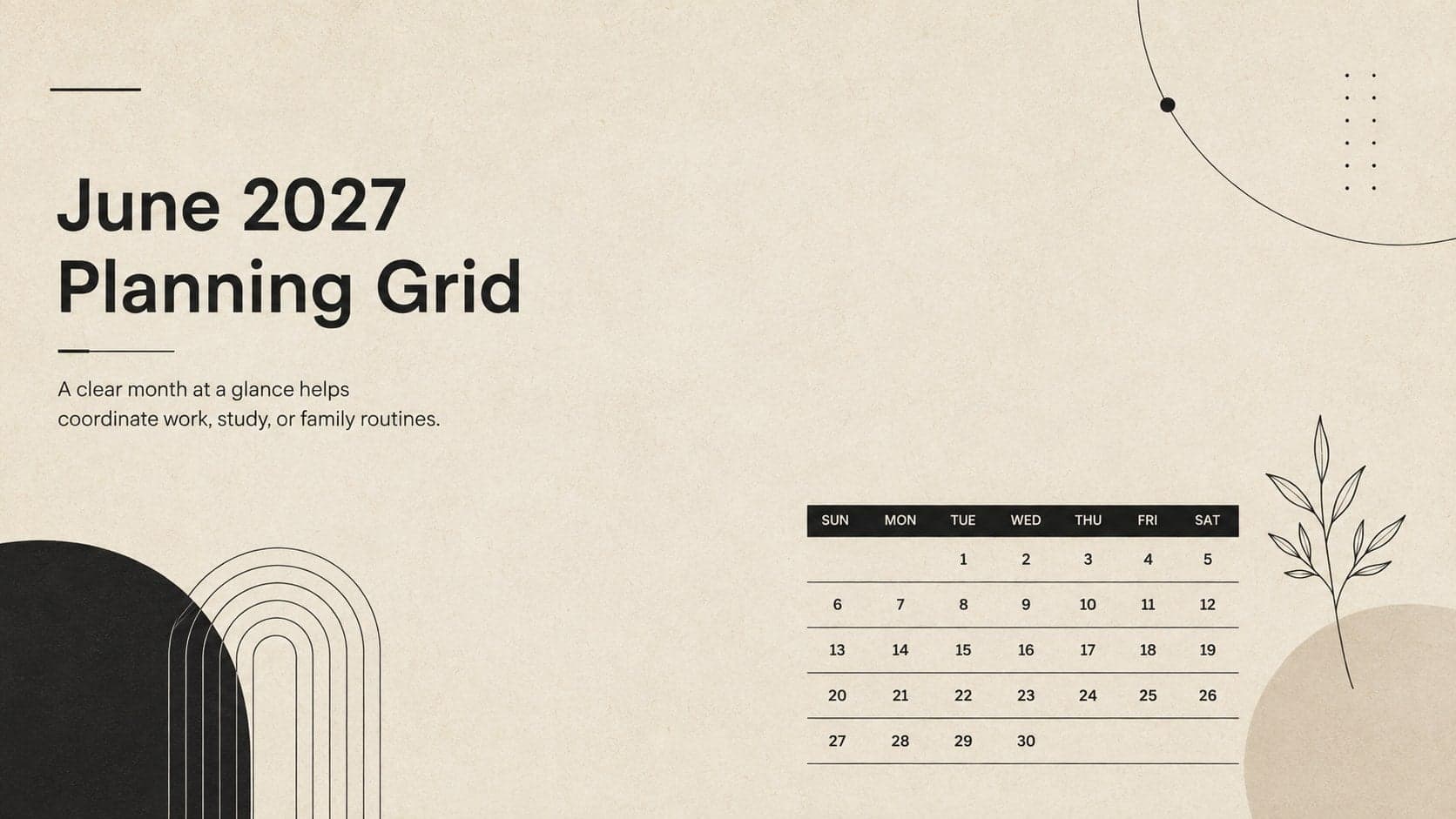 Cover of the June 2027 planning grid with minimalist black typography and geometric beige accents.