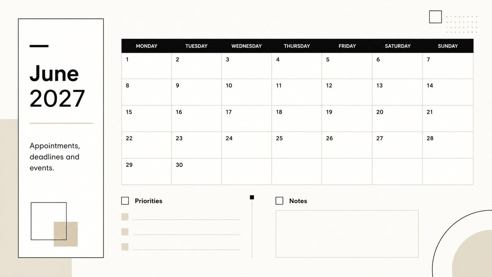 Minimalist June 2027 monthly schedule with a spacious dated grid for appointments and deadlines.