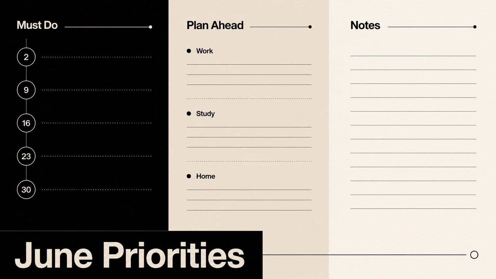 June priorities and notes board coordinating work, study, and home plans in a beige-and-black layout.