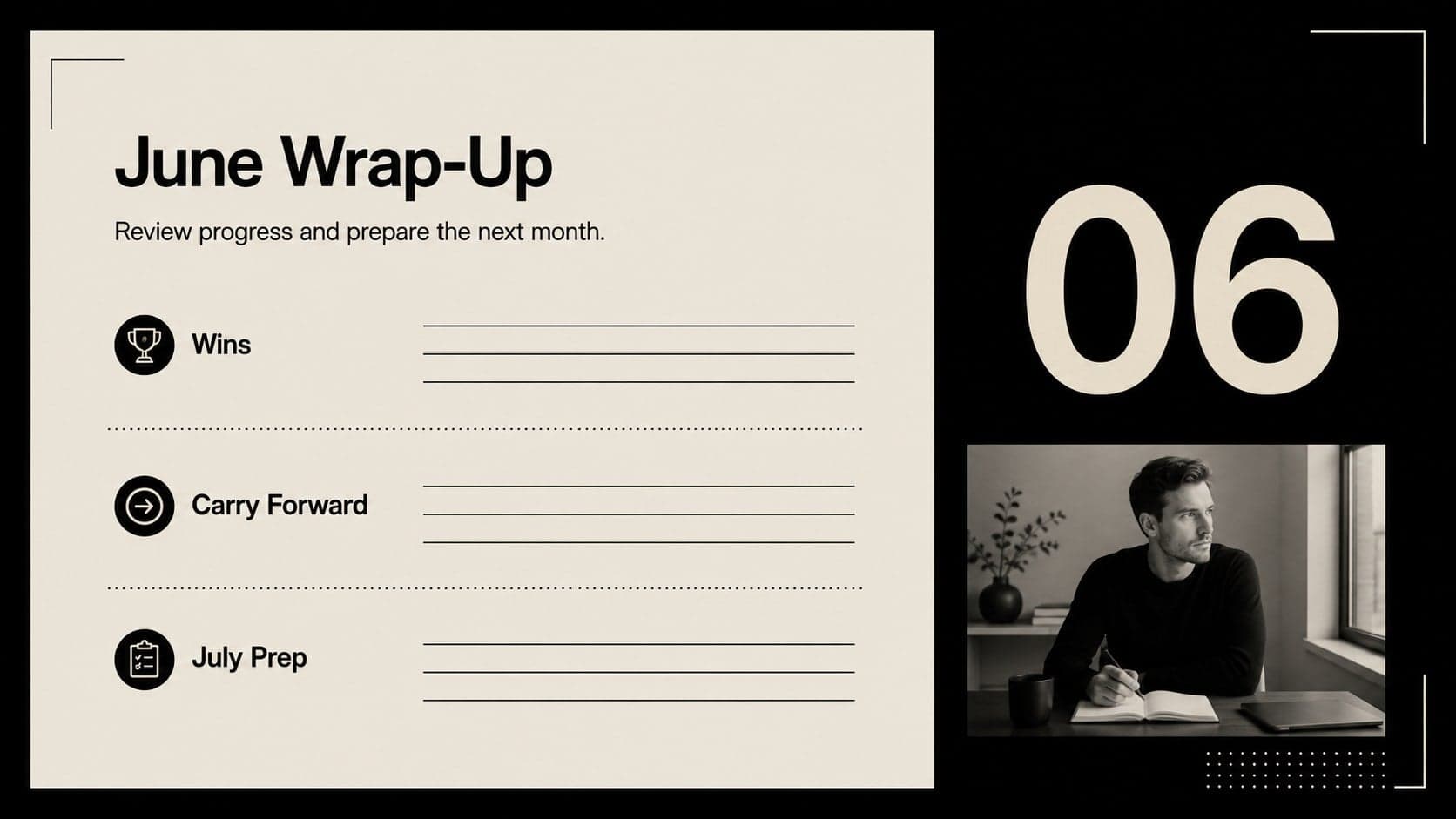 June month-end review page with sections for completed goals, carryovers, and July preparation.