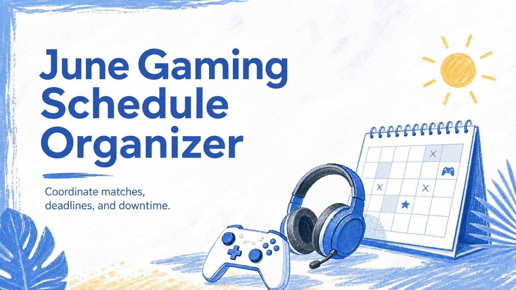 Cover for a June gaming schedule organizer with blue summer graphics and gaming accessories.