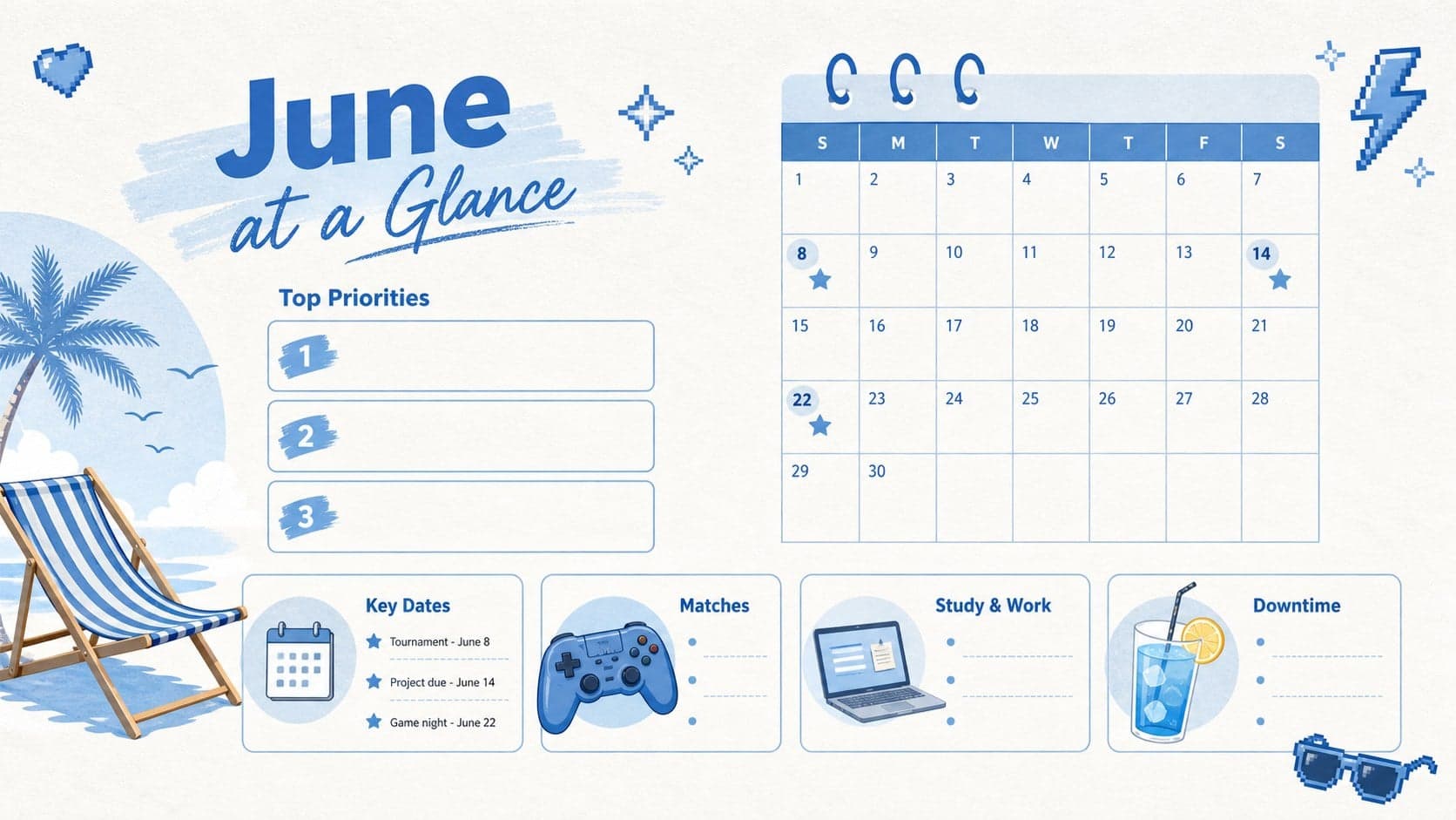Blue June gaming calendar template showing monthly priorities, important dates, and event categories.
