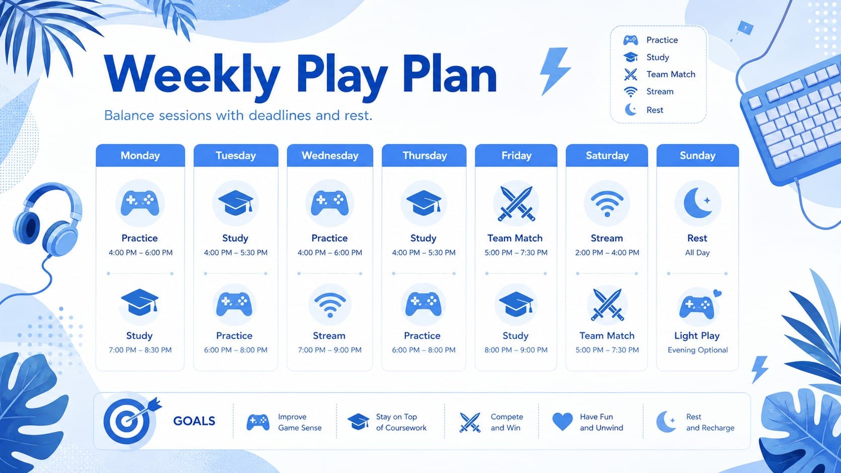 Editable summer schedule slide with a weekly gaming plan and balanced time blocks.
