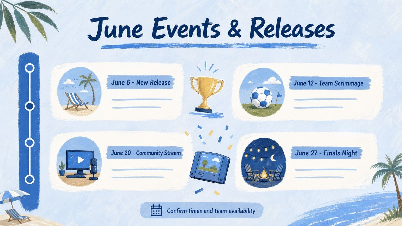 Monthly esports planning template with event cards for matches, launches, streams, and community nights.