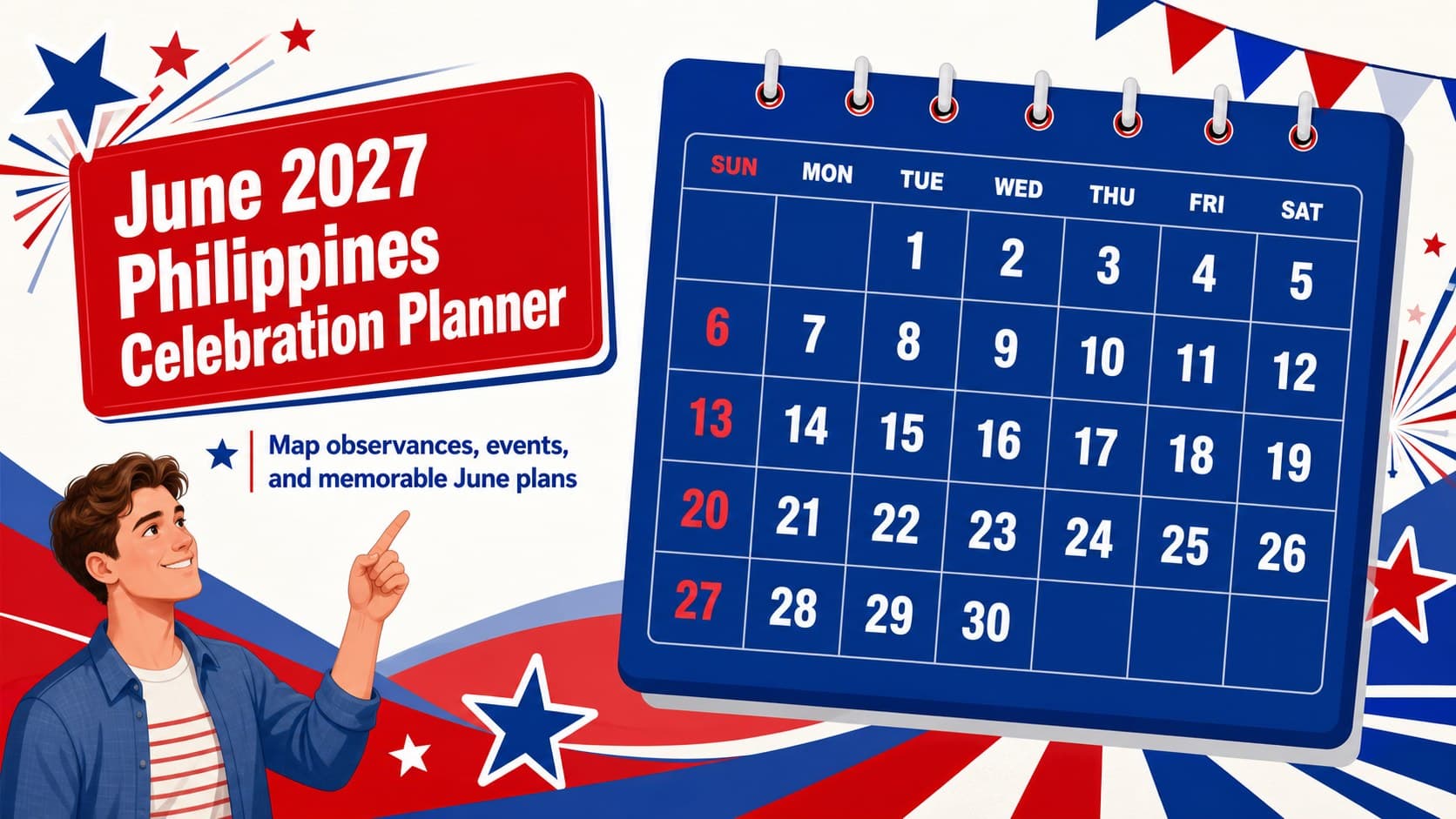 Cover slide for a June 2027 Philippines celebration planner with a bold blue-and-red retro calendar design.