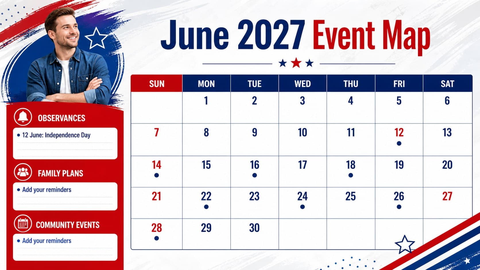 Monthly June 2027 event calendar slide showing Philippine observances and editable planning notes.