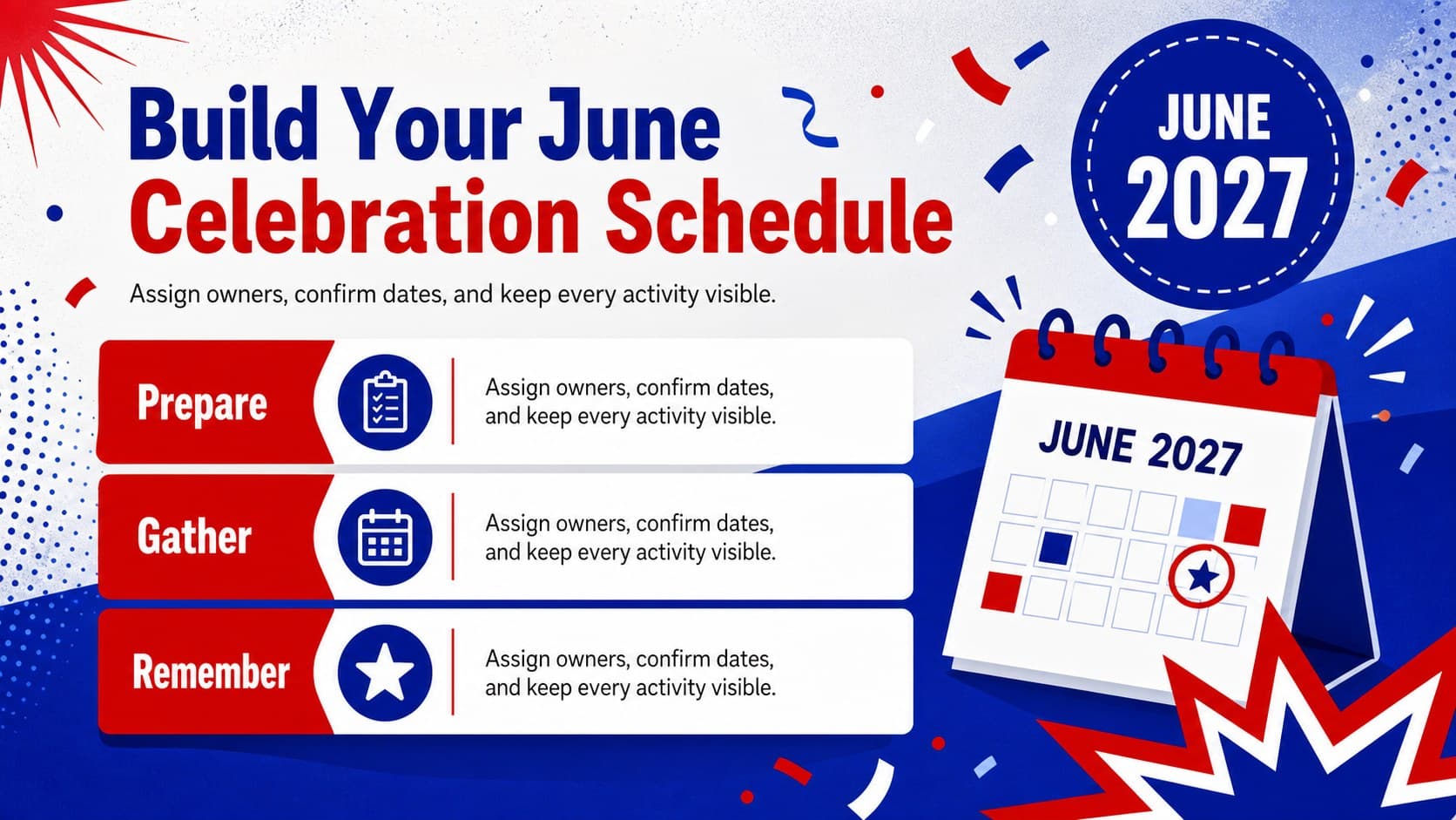 June celebration schedule slide with color-coded activities, reminders, and Philippine community events.