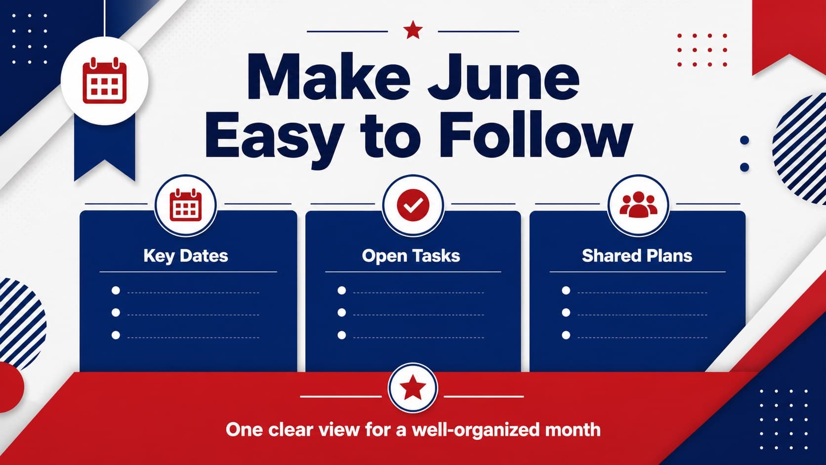 Editable June 2027 planning summary slide highlighting priorities, deadlines, and community activities.