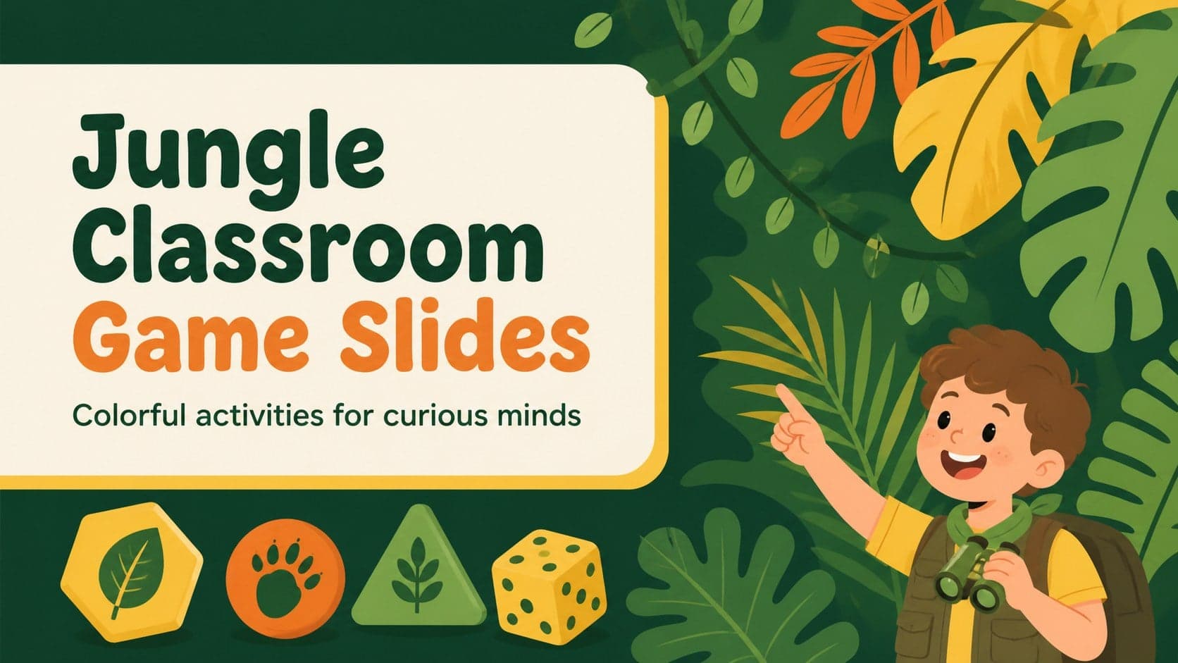 Cover slide for jungle classroom game slides with colorful foliage, animal-inspired decorations, and an energetic learning scene.