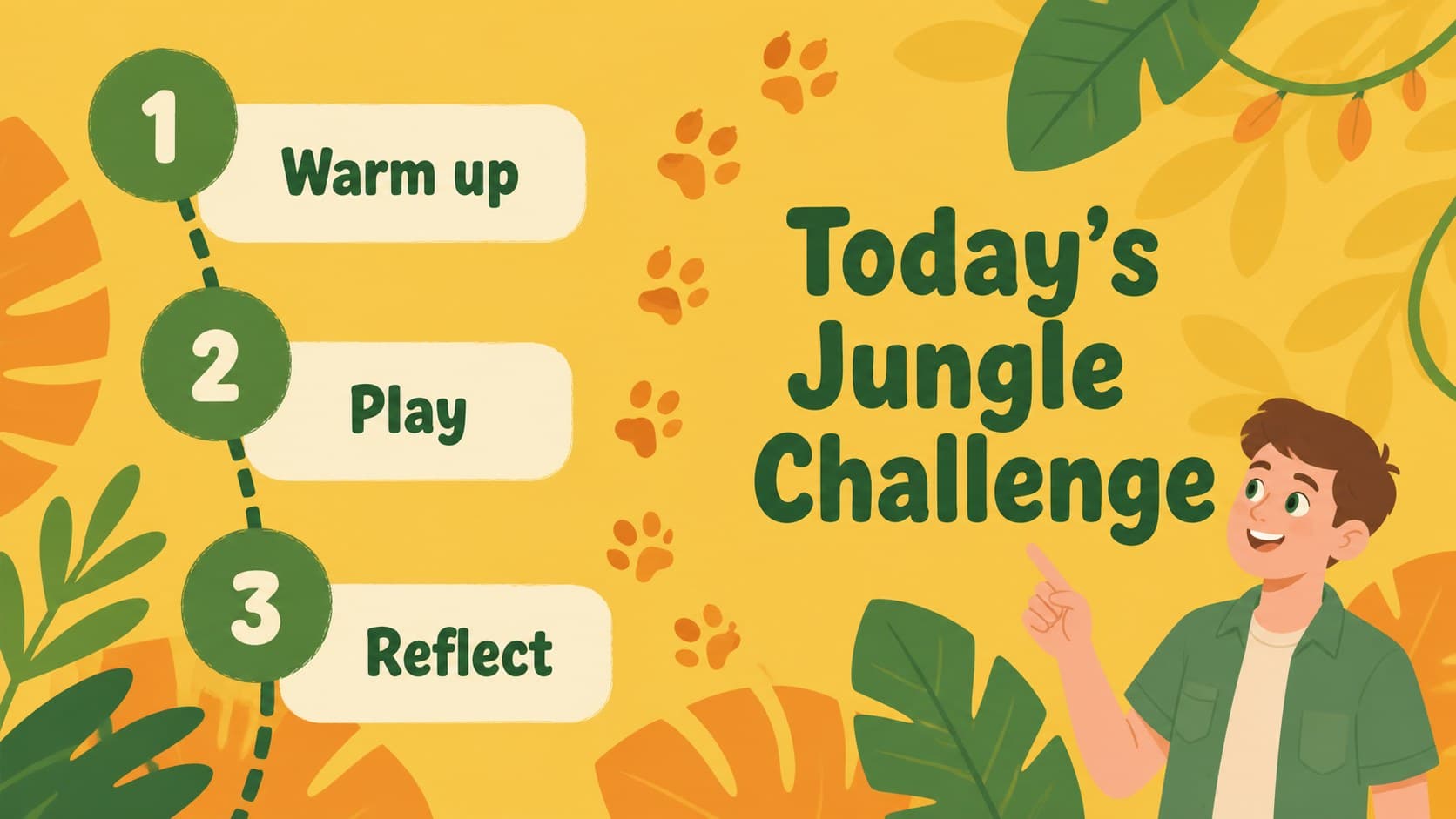Agenda slide introducing a jungle classroom activity sequence with bright illustrated leaves and learning icons.