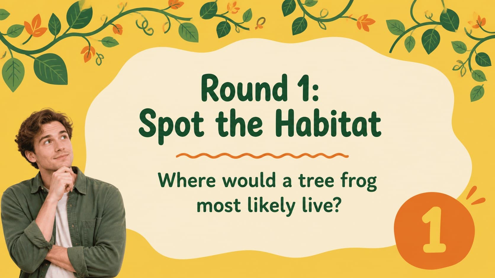 Quiz question slide with a large prompt area and colorful jungle decorations for classroom learning activities.