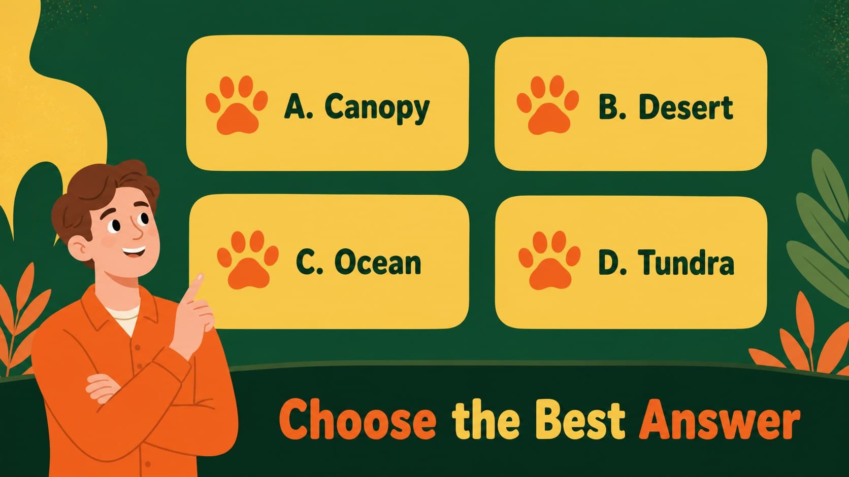 Multiple-choice animal science quiz slide with bold answer options in a colorful jungle layout.