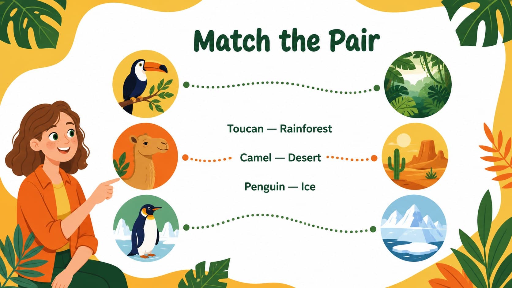 Matching challenge slide for jungle themed learning activities with animal and habitat categories.