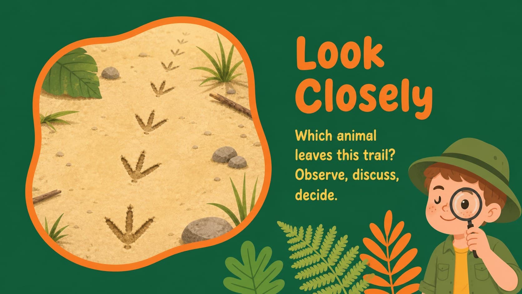 Visual clue slide presenting an animal observation prompt for an interactive jungle lesson presentation.