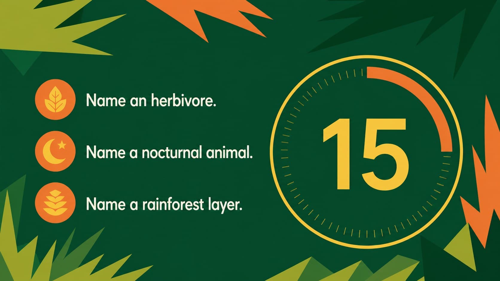 Rapid-fire quiz slide with timed prompts and bright illustrated foliage for colorful educational game slides.