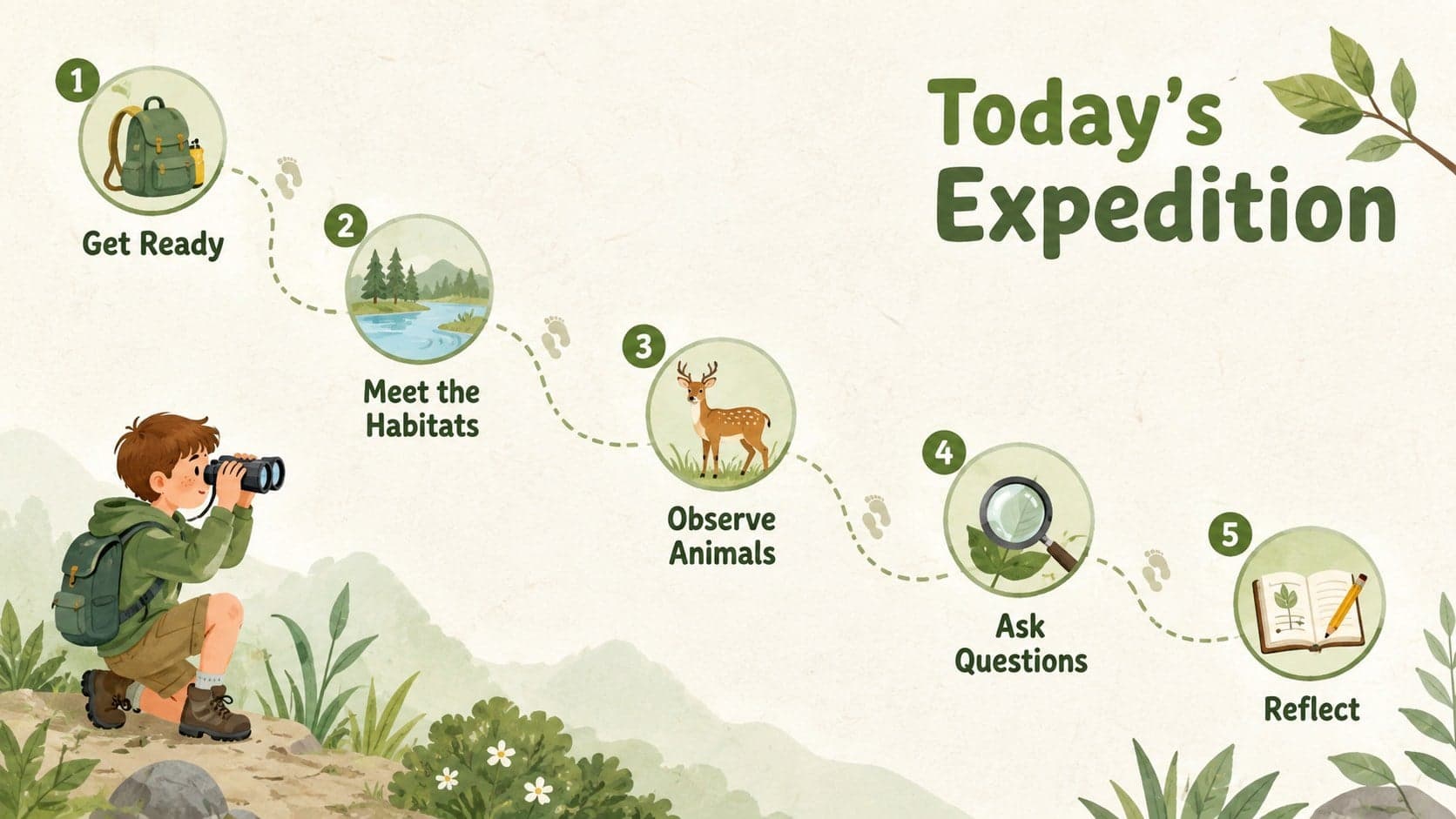 Zoo lesson presentation agenda featuring five stages of an illustrated animal-learning expedition.