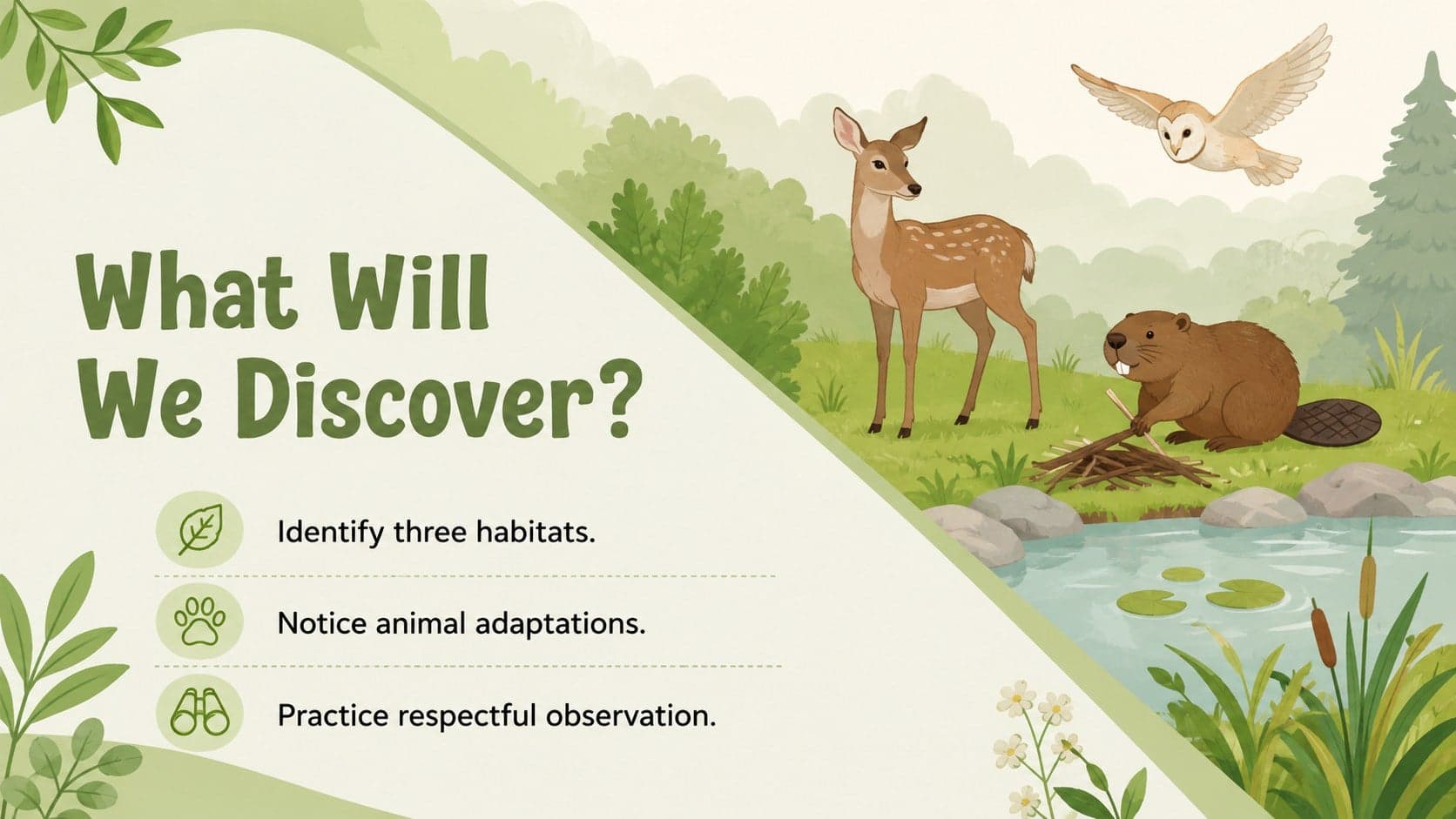 Animal habitat learning slide listing student goals beside original jungle wildlife artwork.