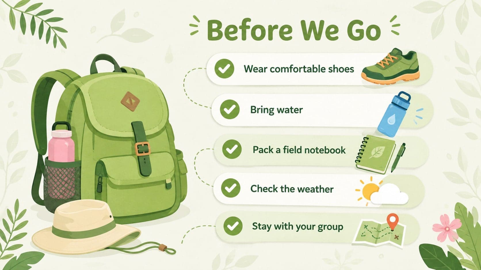Class trip planning presentation slide with an illustrated checklist for preparing for a zoo visit.