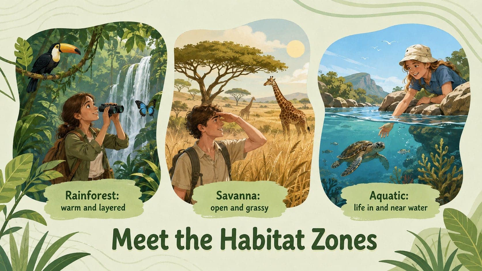 Illustrated zoo education slide comparing rainforest, savanna, and aquatic habitat zones.