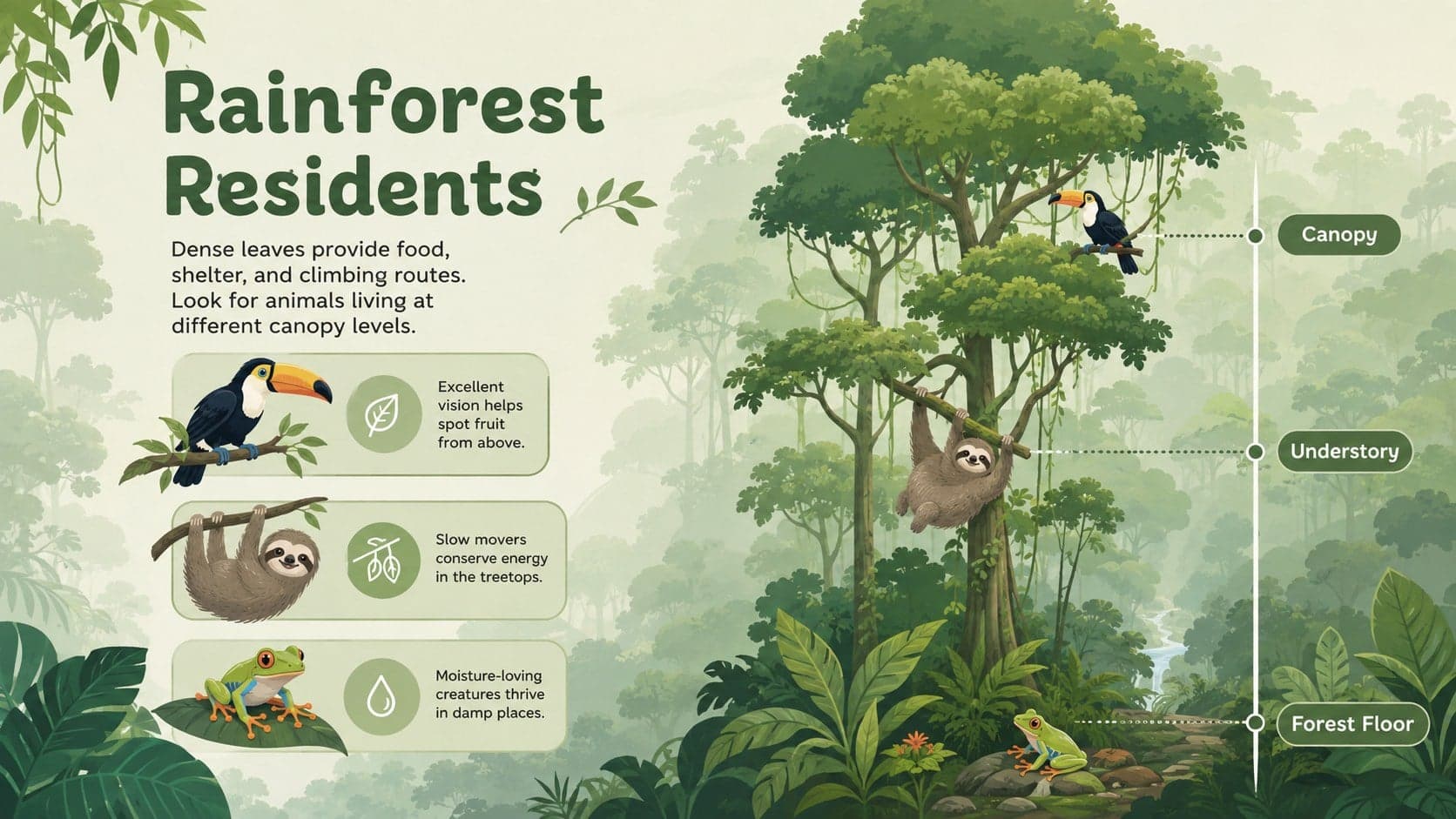 Rainforest animal habitat learning slide with a toucan, sloth, frog, and layered canopy diagram.
