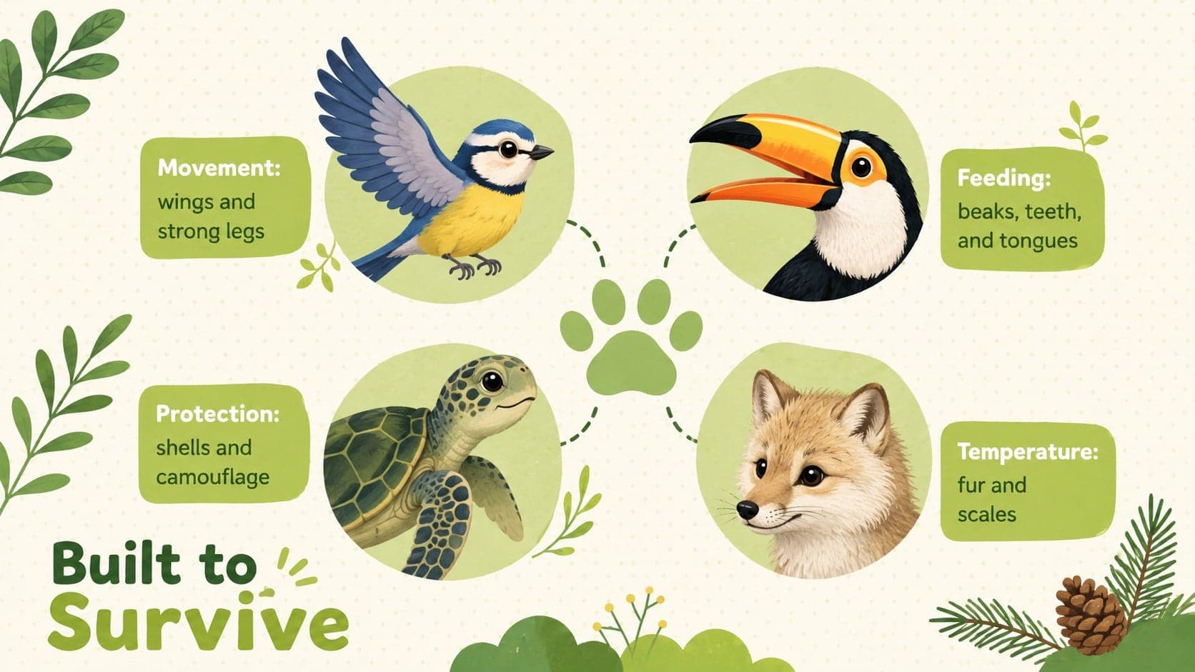 Animal adaptation slides for children explaining movement, feeding, protection, and temperature control.