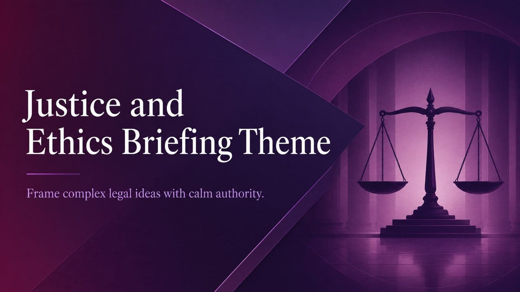 Purple cover for the Justice and Ethics Briefing Theme with formal typography and a modern scales-of-justice motif.
