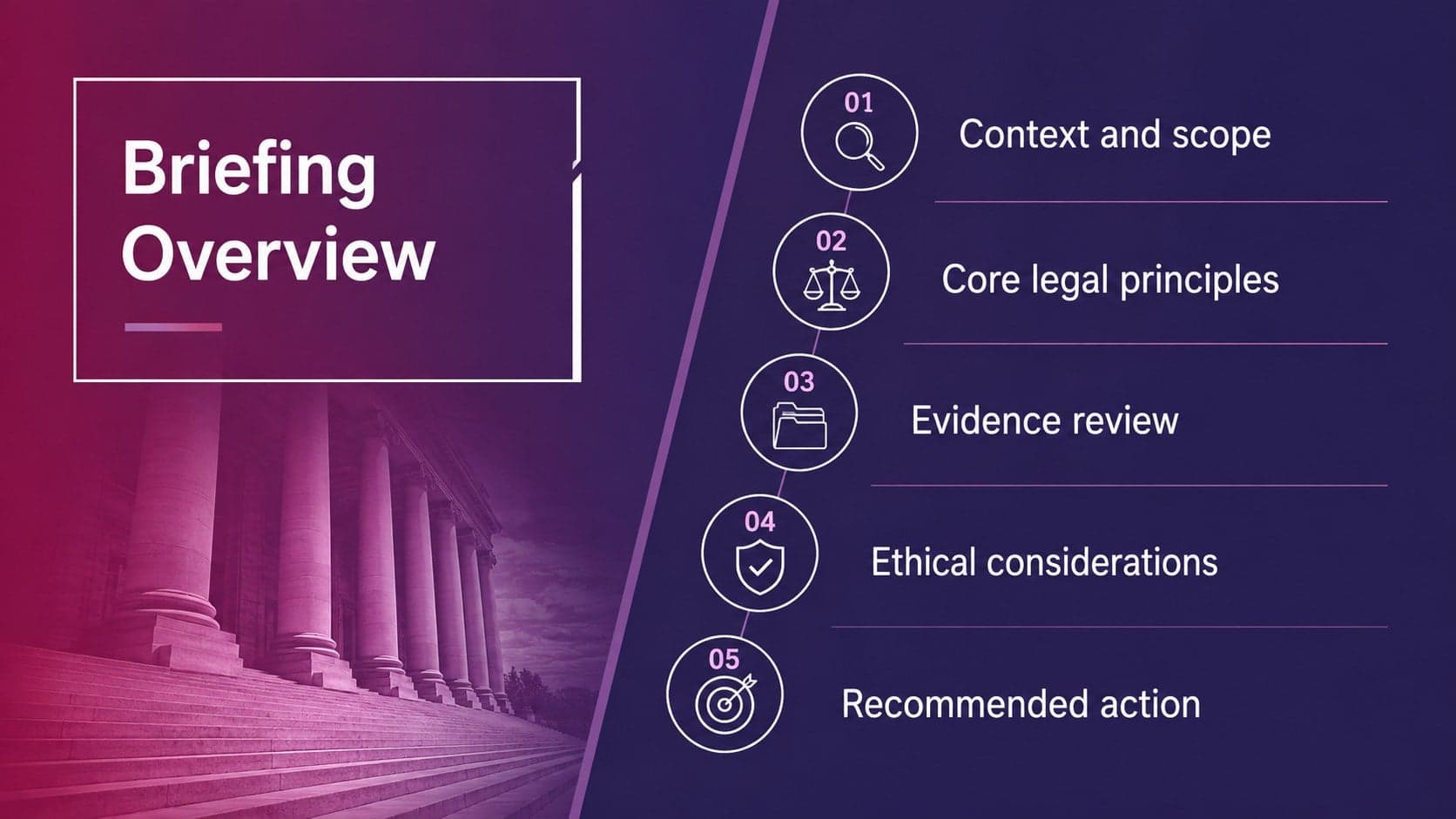 Formal purple agenda slide outlining sections of a professional justice system presentation.