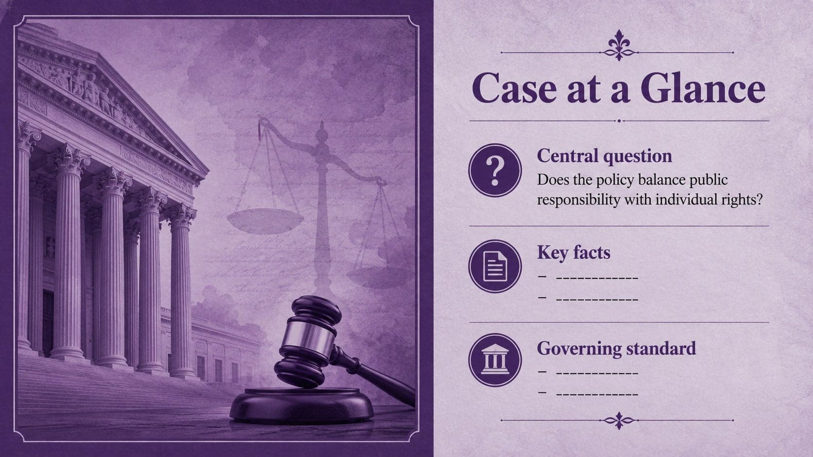 Purple courtroom case briefing slide summarizing the central question, facts, and governing standard.