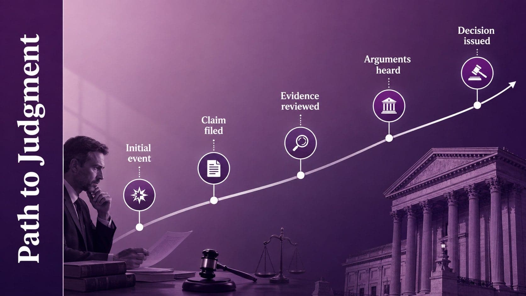 Legal timeline slide tracing a dispute from initial event to final judgment.