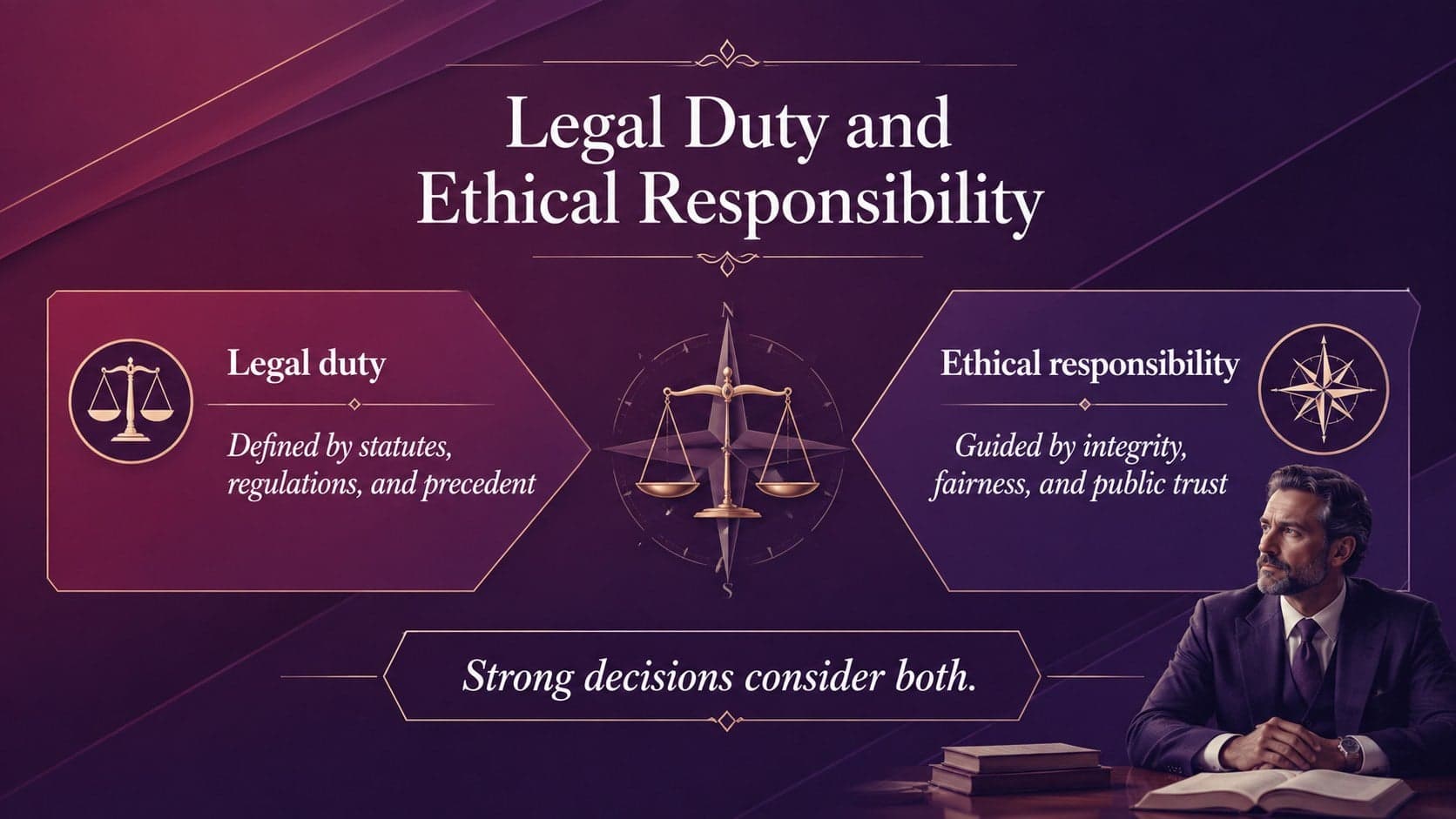 Justice and ethics comparison slide contrasting legal duties with ethical responsibilities.