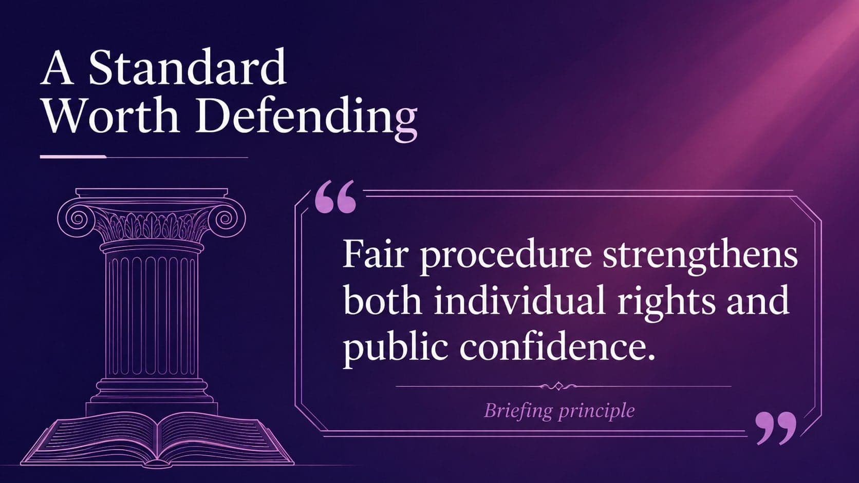 Purple legal studies slide deck featuring a quotation about fairness and public confidence.