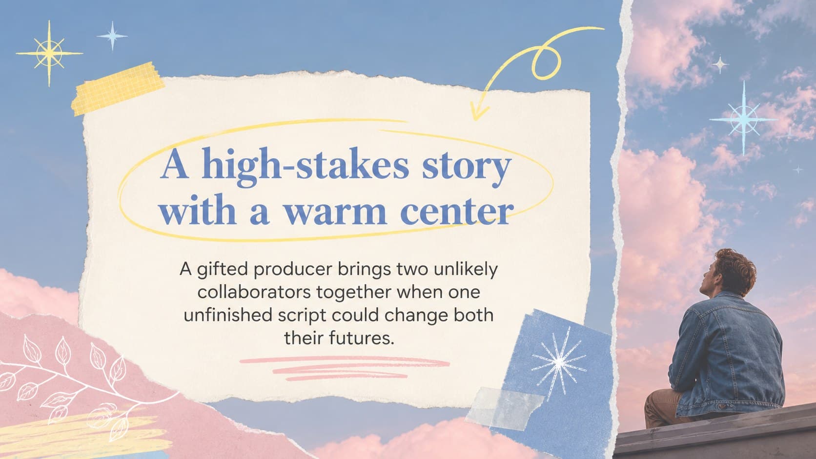 Korean drama concept slide showing a logline, visual references, and pastel collage accents.