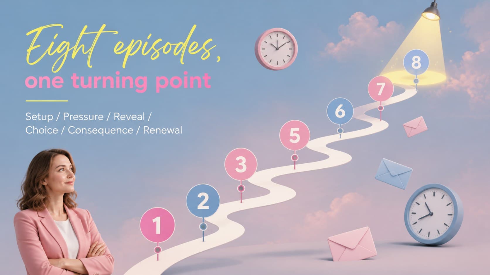Episode arc timeline in an illustrated media pitch presentation using pastel blue, yellow and pink markers.
