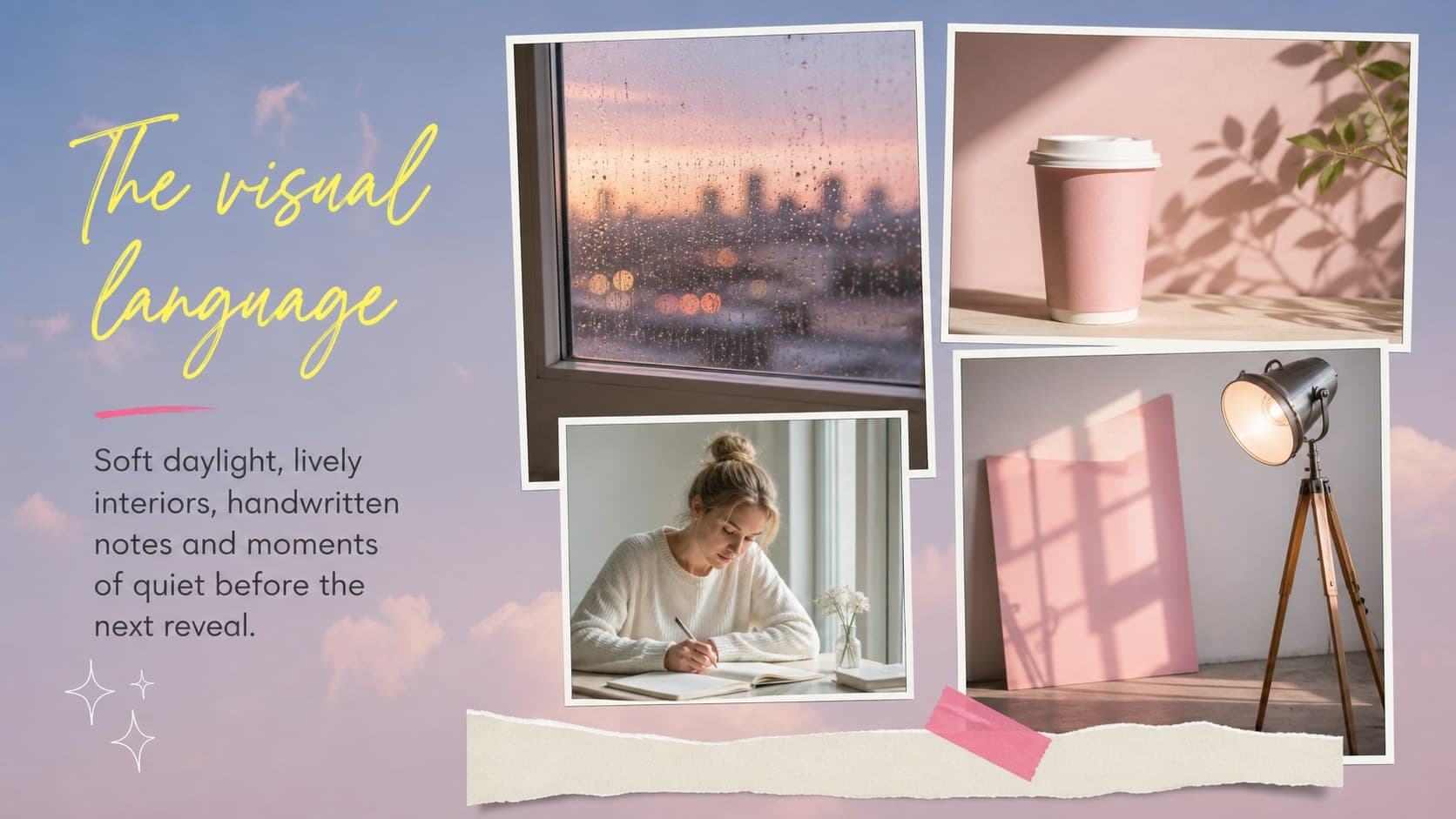 Story moodboard slide for a Korean drama series proposal with pastel image frames and handwritten accents.