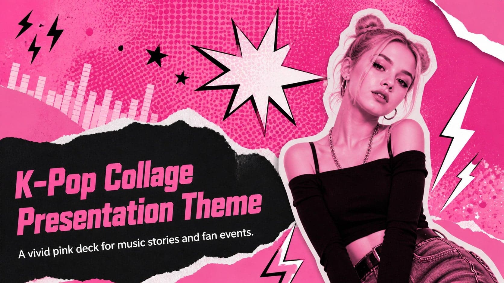 Cover of the K-Pop Collage Presentation Theme with vivid pink paper textures, music graphics, and bold editorial typography.