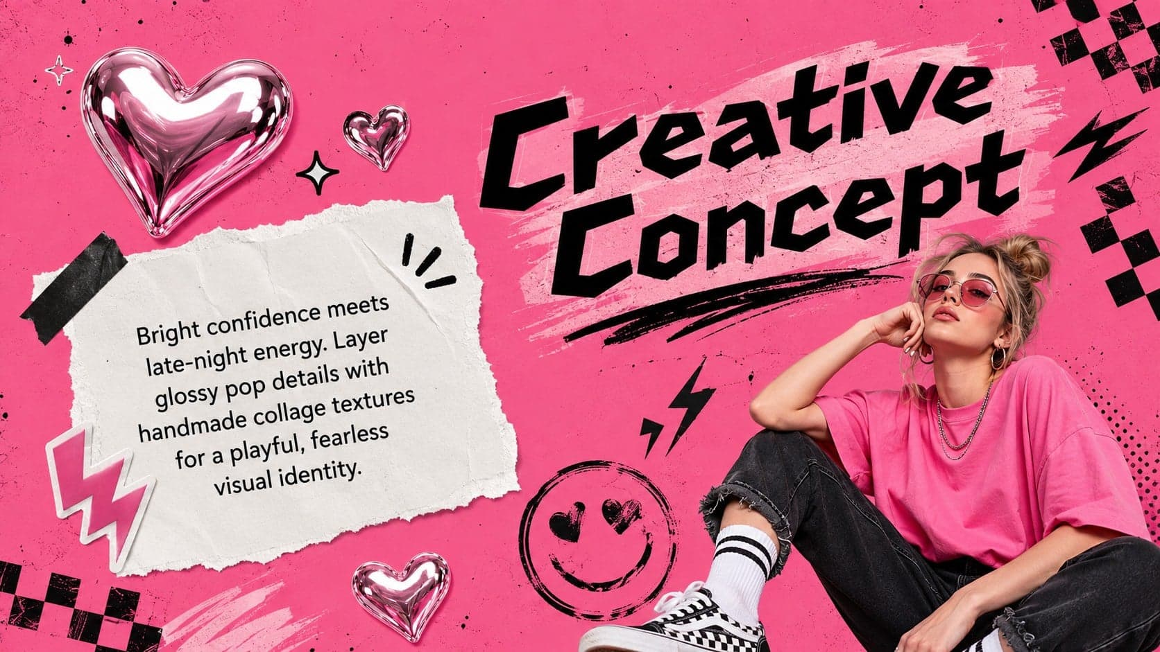 K-pop comeback concept deck slide featuring a creative direction statement, pink collage shapes, and electric accents.