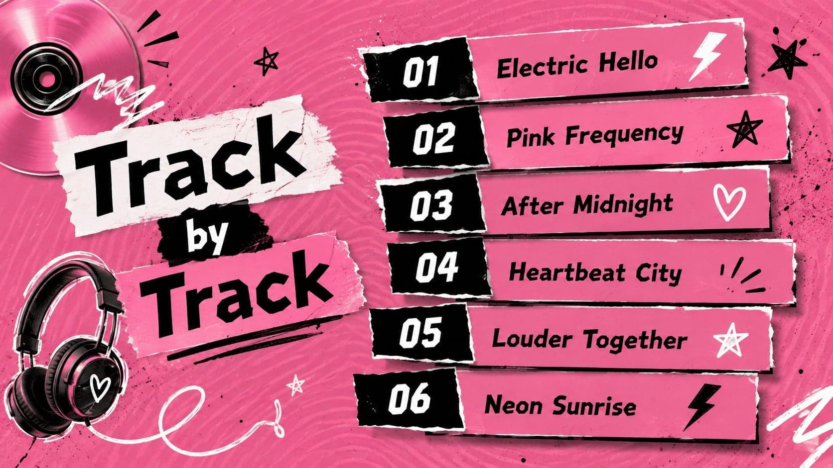 Pink collage tracklist slide with six song titles arranged like music player labels.